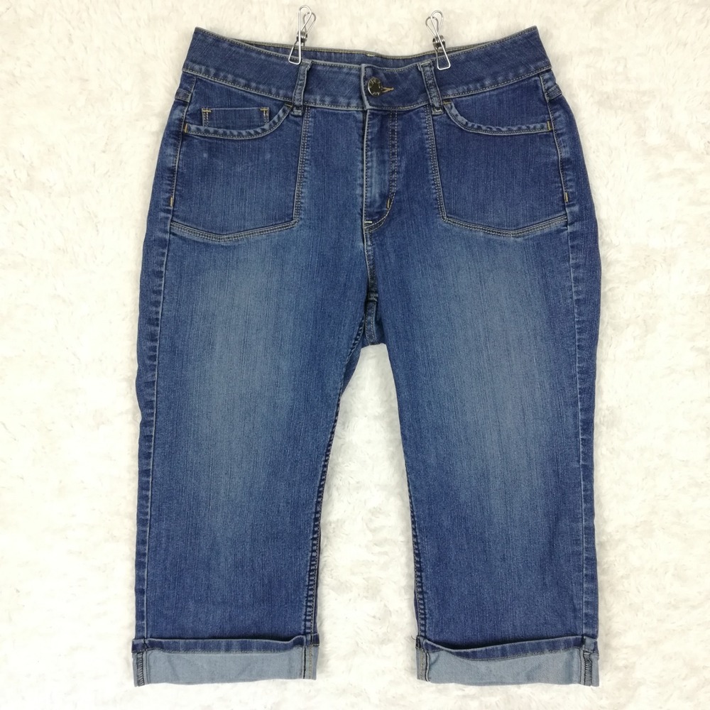 Riders Lee Womens Jeans Capri Cuffed Blue Denim Medium Wash Front Patch 10